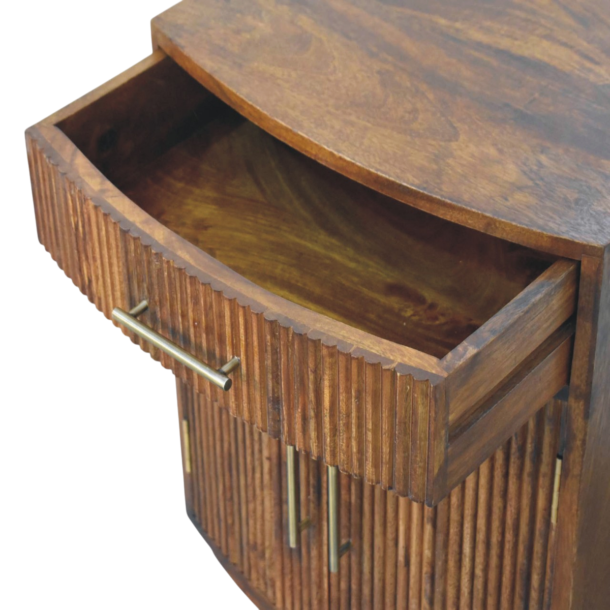 Sorrento Fluted Bedside Cabinet in Chestnut, shown with a drawer open.