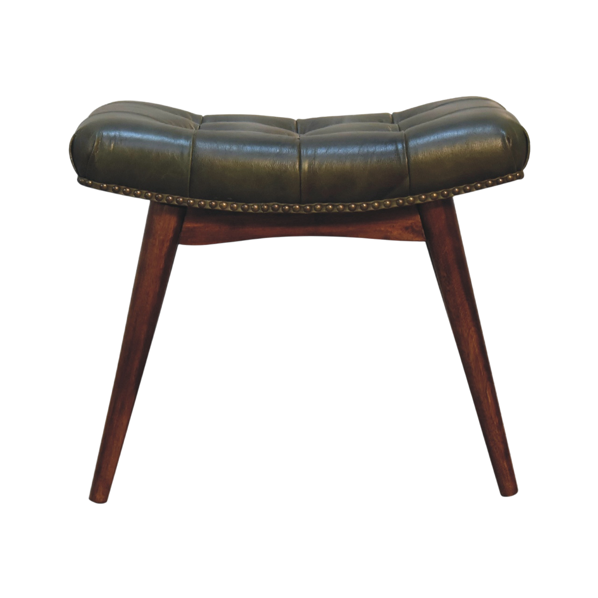 Sussex Deep-Buttoned Footstool in Olive Leather, front view. Olive leather over a 100% solid hardwood frame in a chestnut finish, deep-buttoned top.