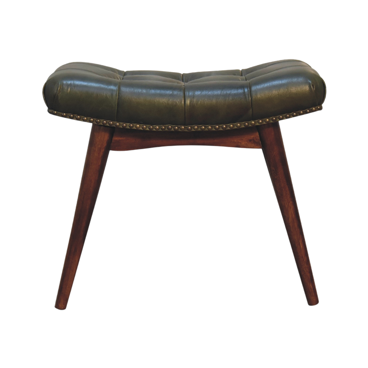 Sussex Deep-Buttoned Footstool in Olive Leather, front view. Olive leather over a 100% solid hardwood frame in a chestnut finish, deep-buttoned top.