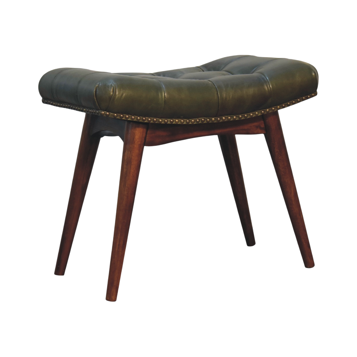 Sussex Deep-Buttoned Footstool in Olive Leather, three-quarter view showing the full profile.