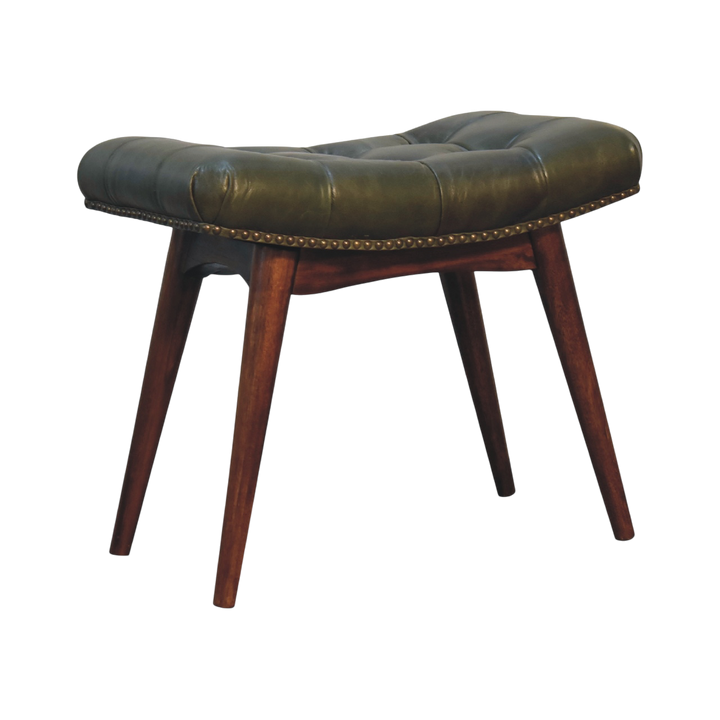 Sussex Deep-Buttoned Footstool in Olive Leather, three-quarter view showing the full profile.