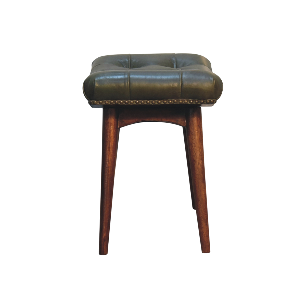 Sussex Deep-Buttoned Footstool in Olive Leather, side view showing the depth.