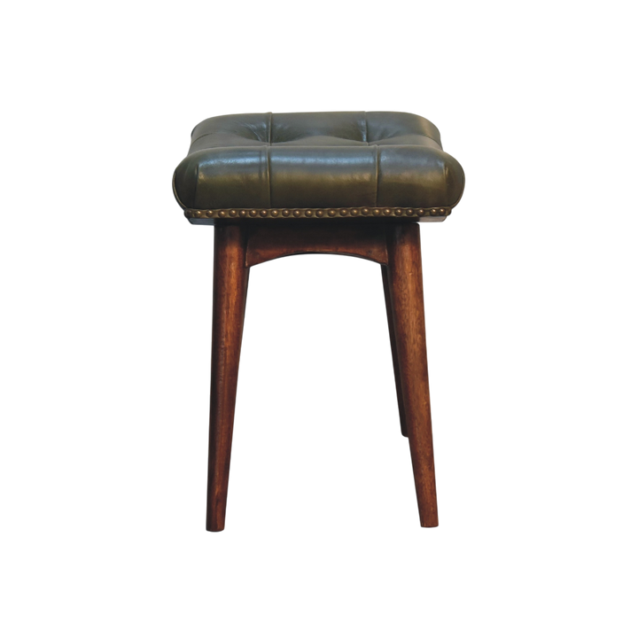 Sussex Deep-Buttoned Footstool in Olive Leather, side view showing the depth.