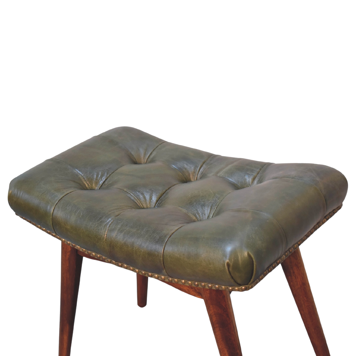 Sussex Deep-Buttoned Footstool in Olive Leather, shown from above at an angle.