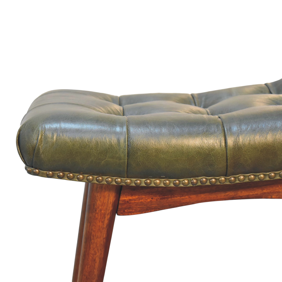 Close view of the stud trim on the Sussex Deep-Buttoned Footstool in Olive Leather.