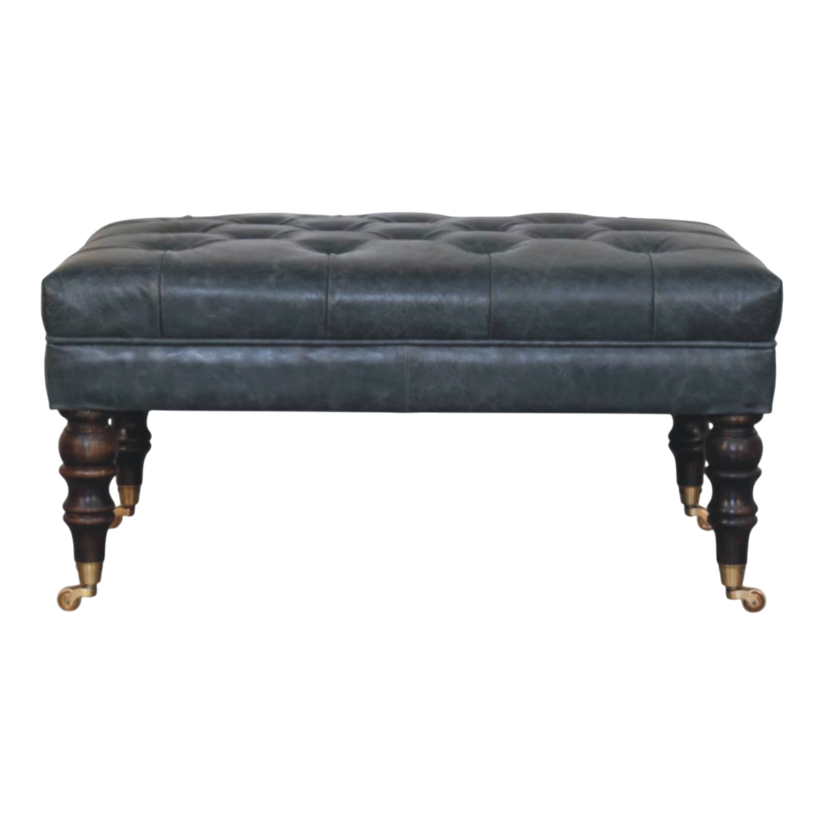 Sussex Leather Bench Ottoman in Slate, front view. Slate hide leather, deep-buttoned top, piped edge, turned 100% solid hardwood legs, brass castor wheels.