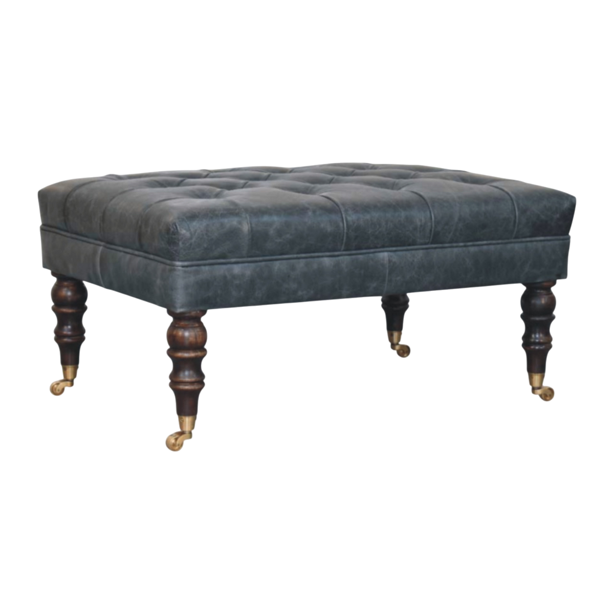 Sussex Leather Bench Ottoman in Slate, three-quarter view showing the full profile.