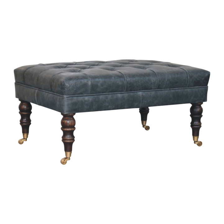 Sussex Leather Bench Ottoman in Slate, three-quarter view showing the full profile.