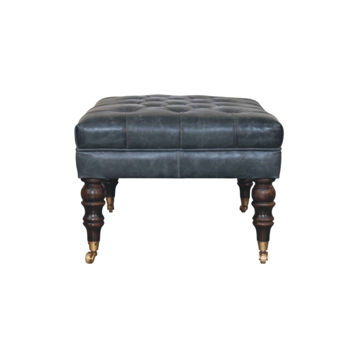 Sussex Leather Bench Ottoman in Slate, side view showing the depth.