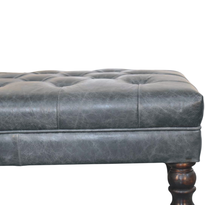 Close view of the buttoning on the Sussex Leather Bench Ottoman in Slate.