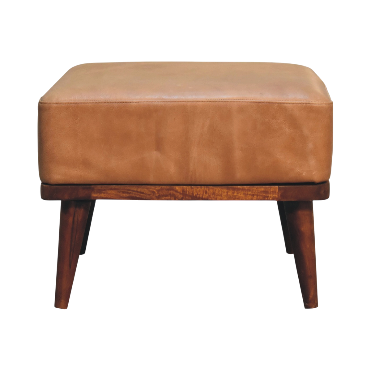 Sussex Leather Footstool in Blonde Saddle, front view. Blonde saddle leather over a 100% solid hardwood frame, four tapered legs in a chestnut finish.