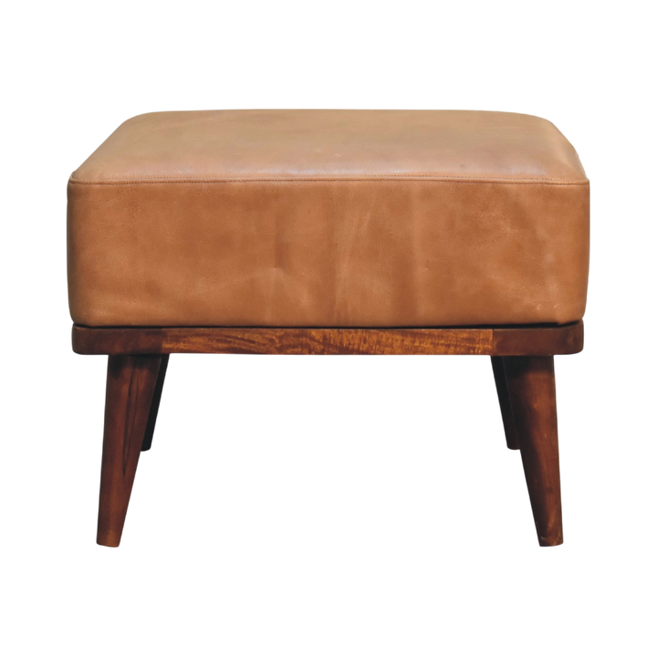 Sussex Leather Footstool in Blonde Saddle, front view. Blonde saddle leather over a 100% solid hardwood frame, four tapered legs in a chestnut finish.