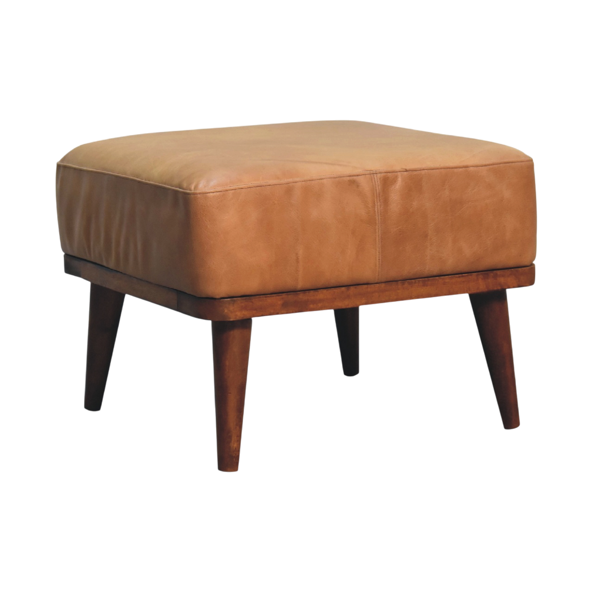 Sussex Leather Footstool in Blonde Saddle, three-quarter view showing the full profile.