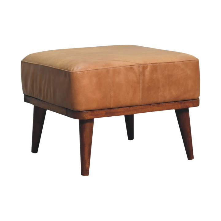 Sussex Leather Footstool in Blonde Saddle, three-quarter view showing the full profile.