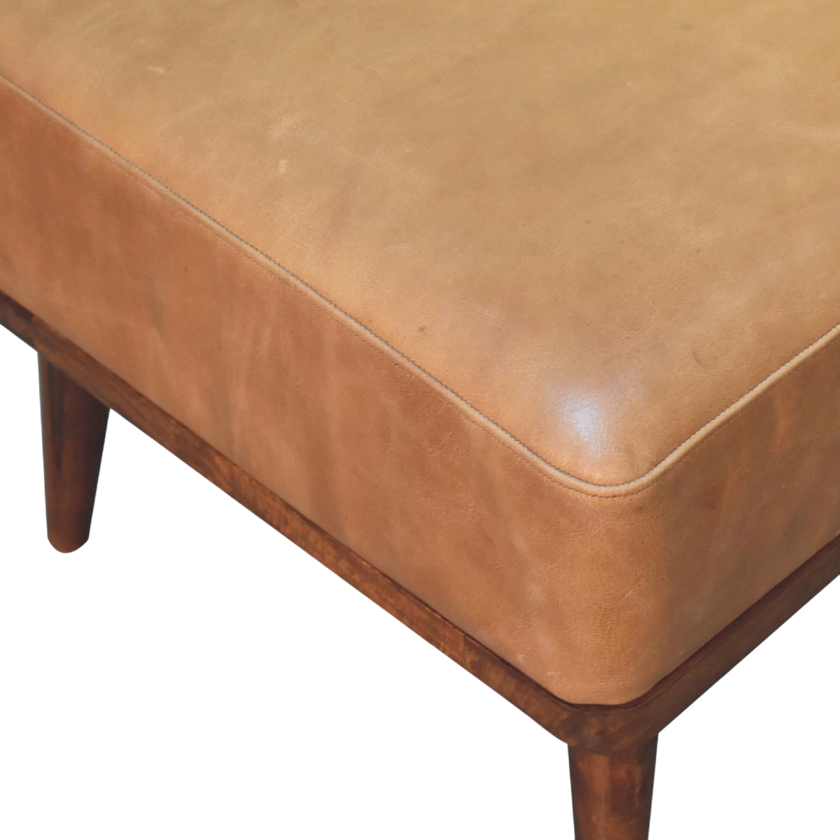 Sussex Leather Footstool in Blonde Saddle, side view showing the depth.