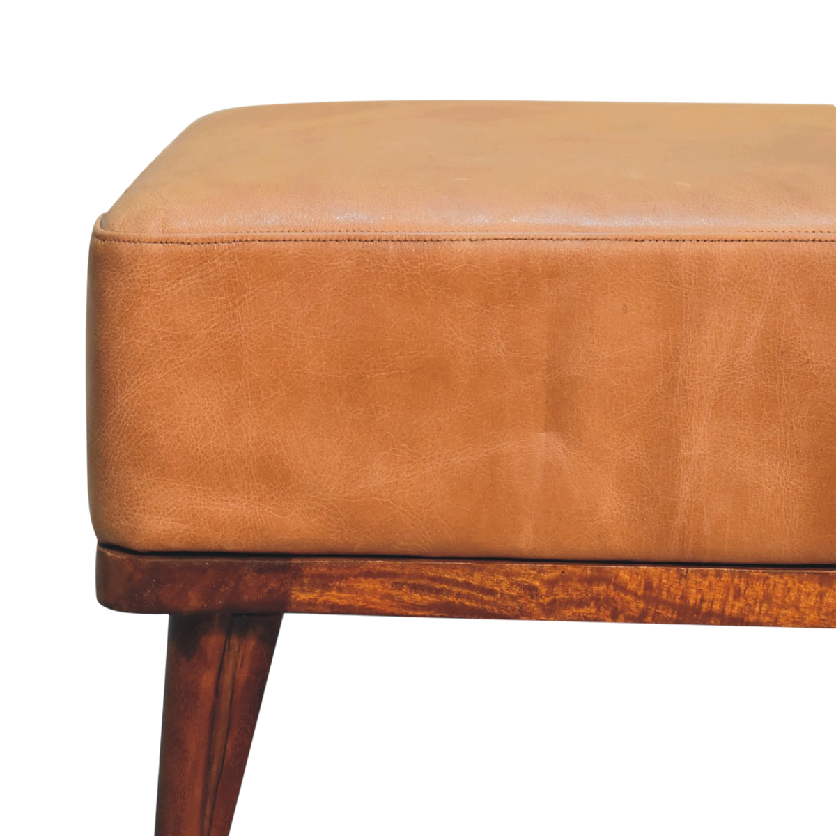 Close view of the seat on the Sussex Leather Footstool in Blonde Saddle.