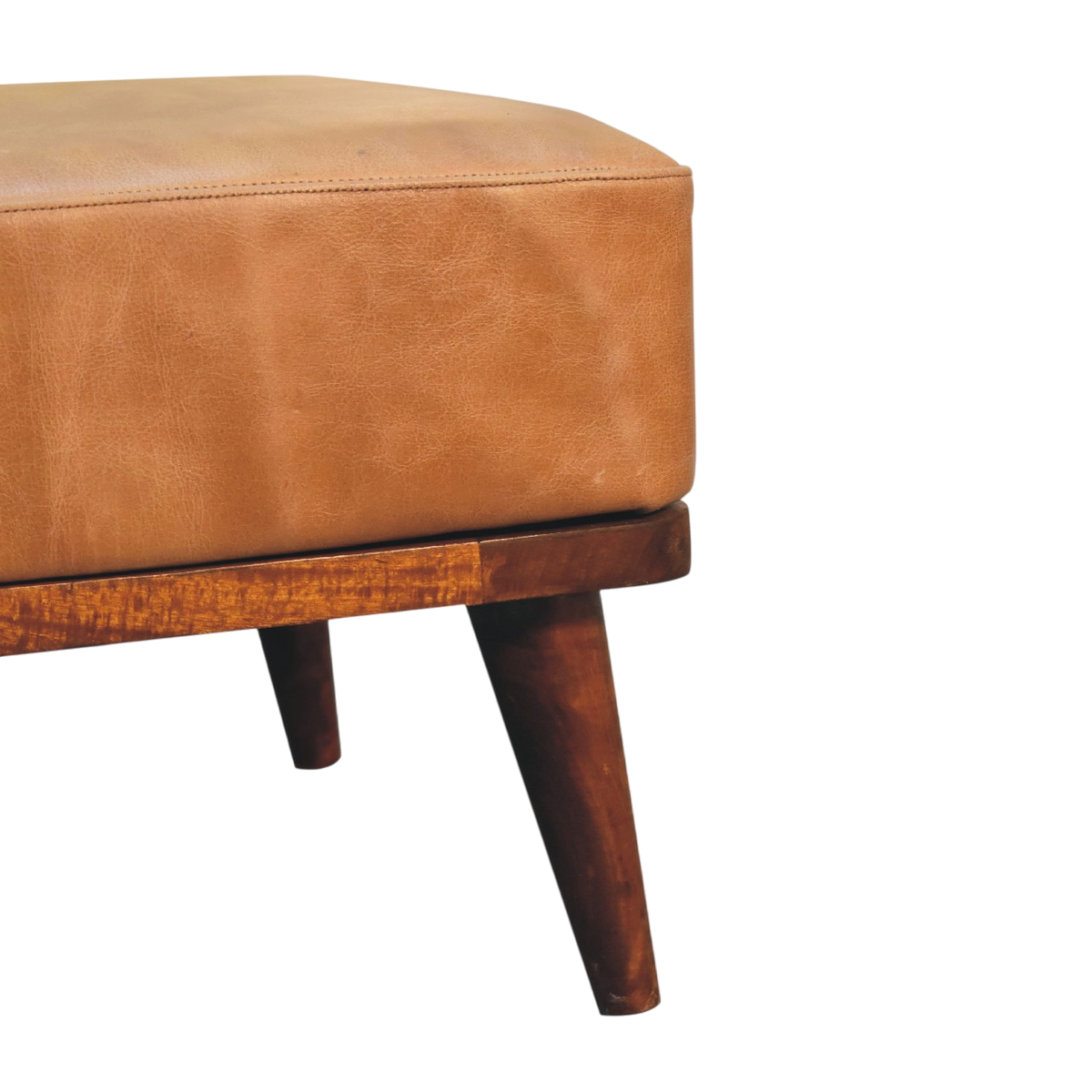 Close view of the frame on the Sussex Leather Footstool in Blonde Saddle.