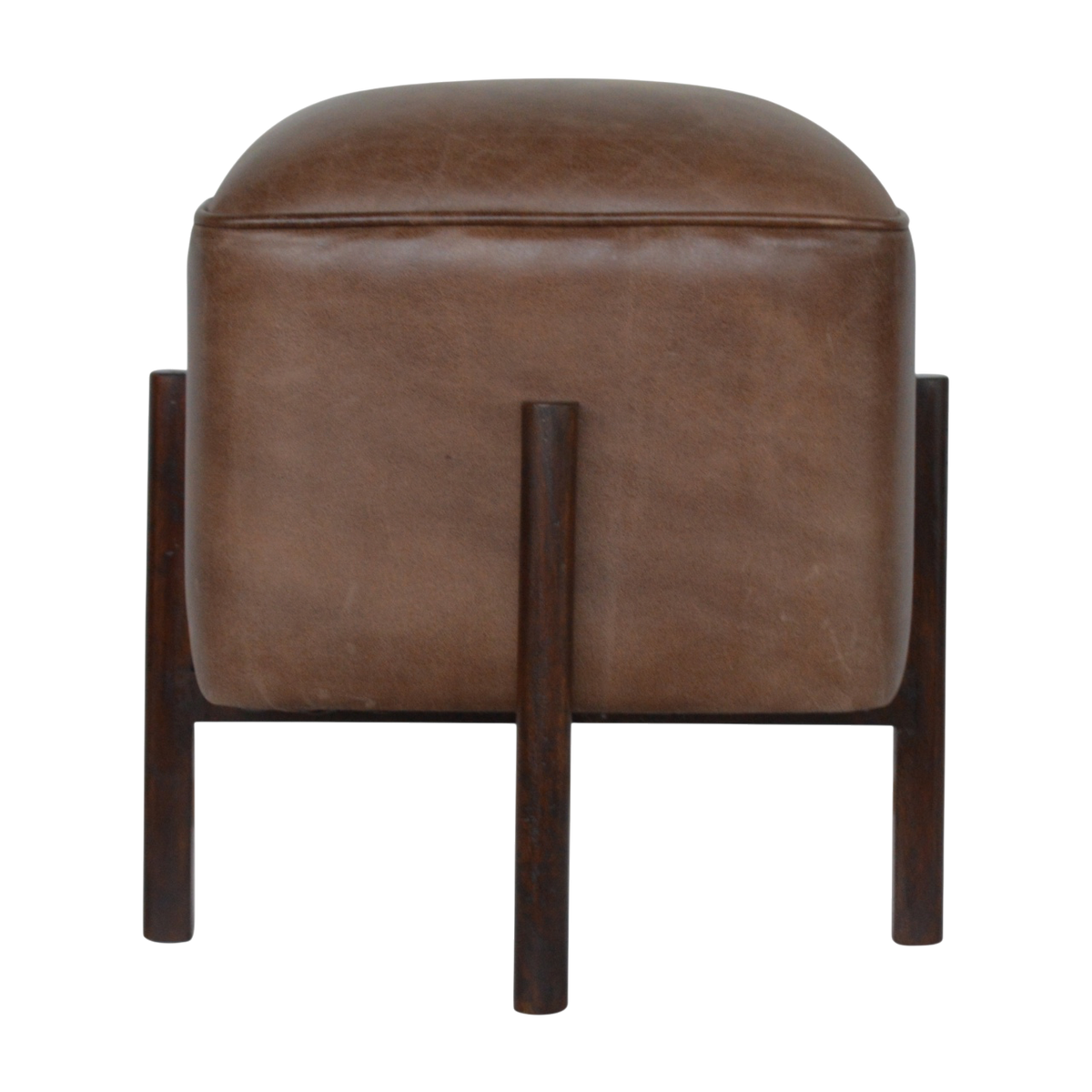 Sussex Leather Footstool in Tobacco, front view. Tobacco leather over a 100% solid hardwood frame, four solid legs in a dark finish.