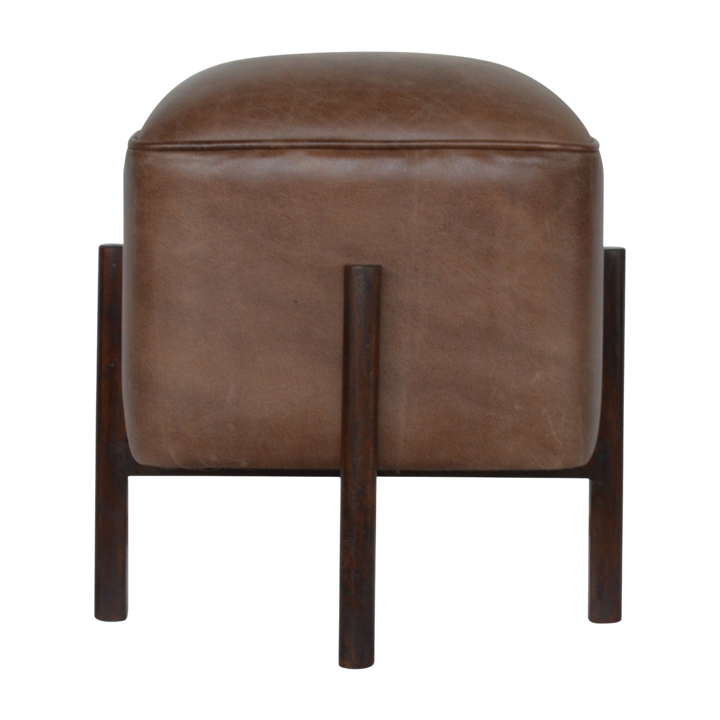 Sussex Leather Footstool in Tobacco, front view. Tobacco leather over a 100% solid hardwood frame, four solid legs in a dark finish.