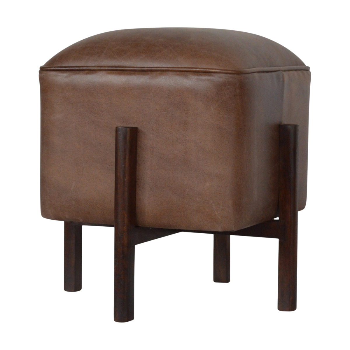 Sussex Leather Footstool in Tobacco, three-quarter view showing the full profile.