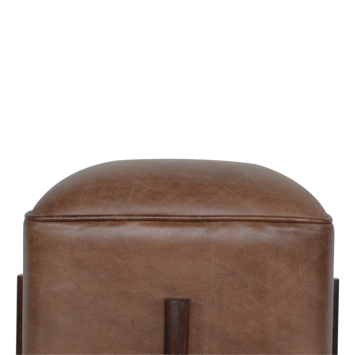 Close view of the seat on the Sussex Leather Footstool in Tobacco.
