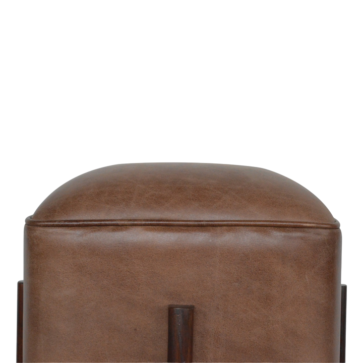 Close view of the seat on the Sussex Leather Footstool in Tobacco.