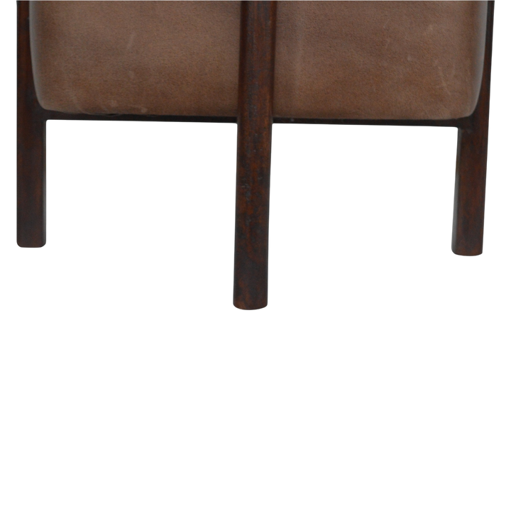 Close view of the frame on the Sussex Leather Footstool in Tobacco.