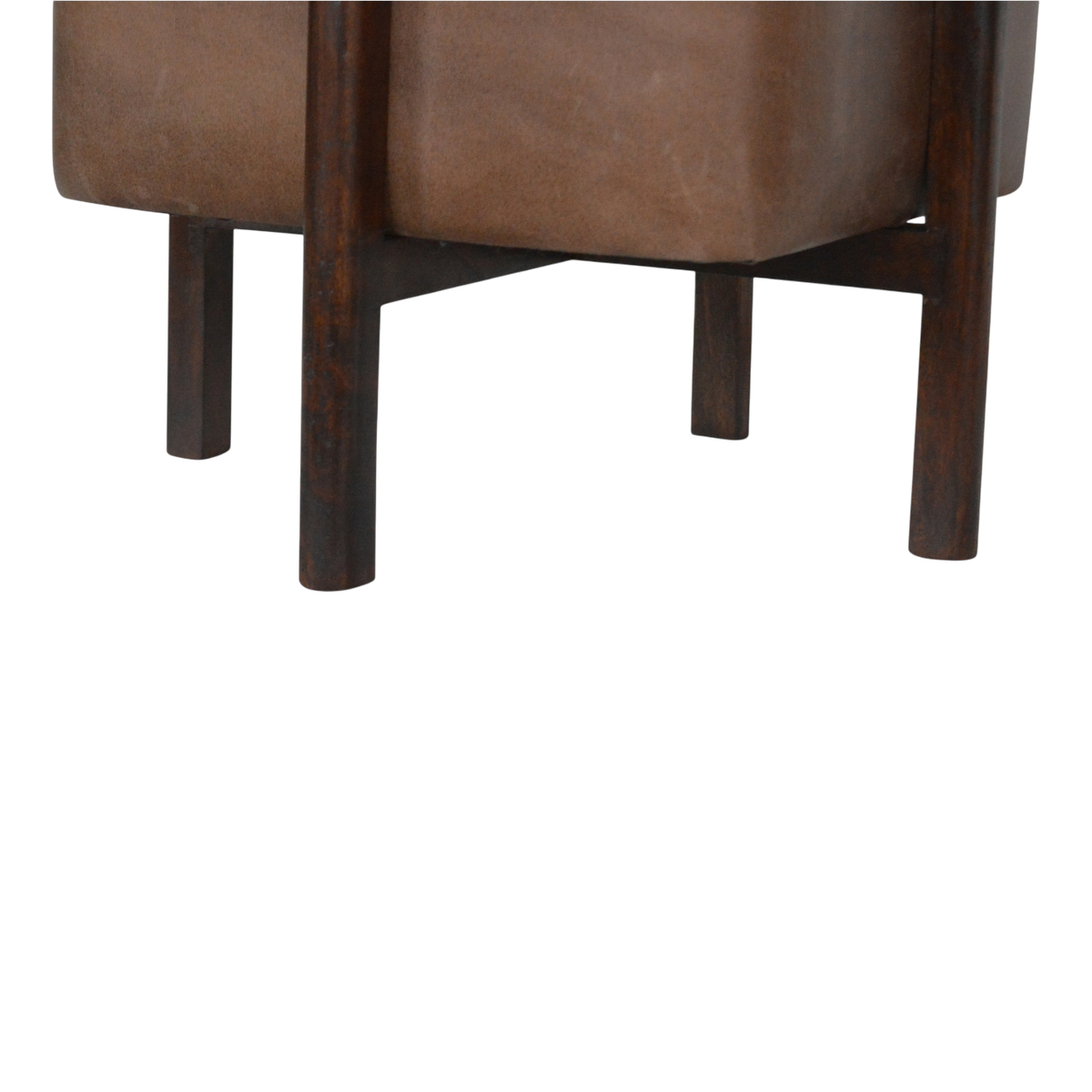 Close view of the legs on the Sussex Leather Footstool in Tobacco.