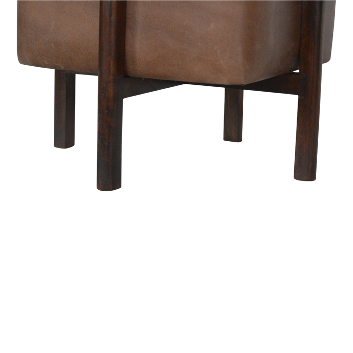 Close view of the legs on the Sussex Leather Footstool in Tobacco.