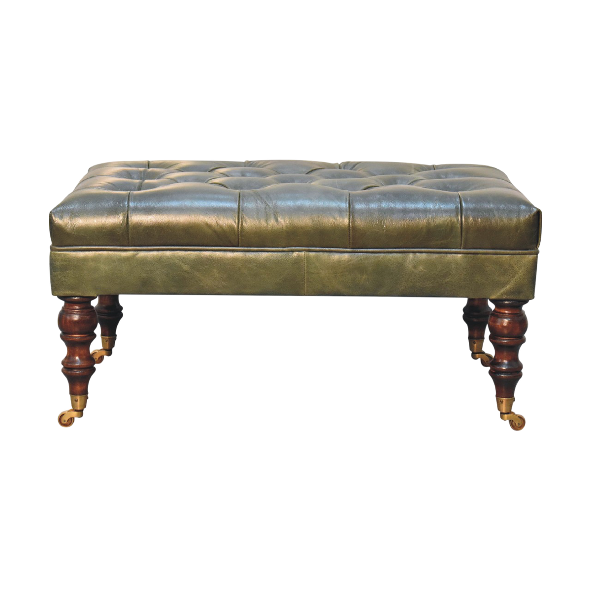 Sussex Leather Ottoman in Antique Green, front view. Button-tufted green leather on turned chestnut legs with brass castors.