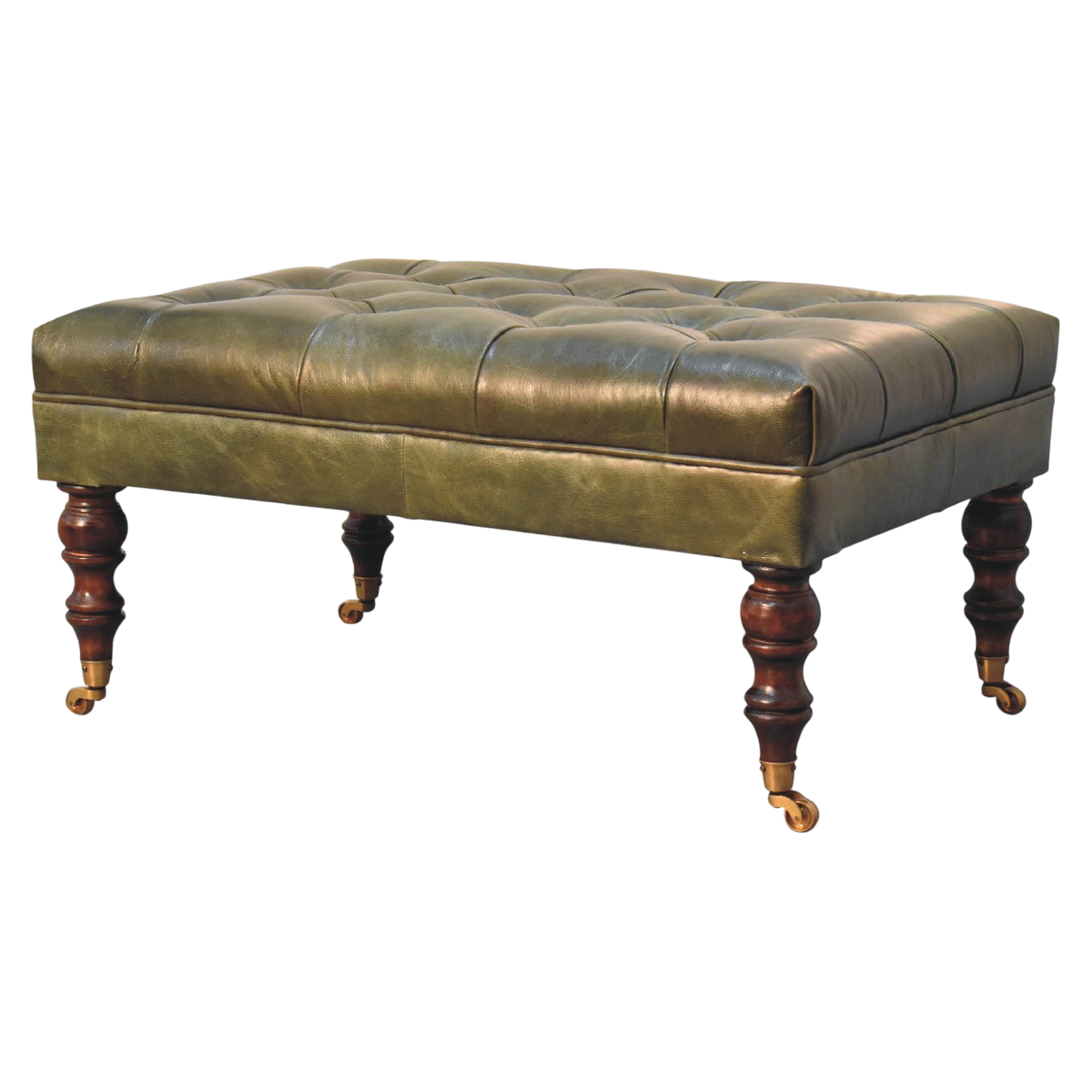 Sussex Leather Ottoman in Antique Green, three-quarter view showing the full profile.