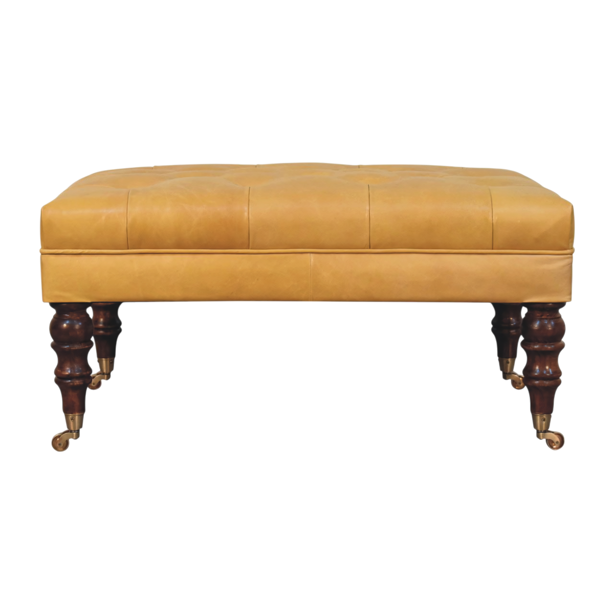 Sussex Leather Ottoman in Blonde Saddle, front view. Blonde saddle leather over a solid hardwood frame, deep-buttoned top.