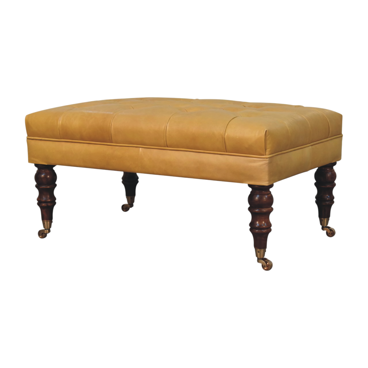 Sussex Leather Ottoman in Blonde Saddle, three-quarter view showing the full profile.