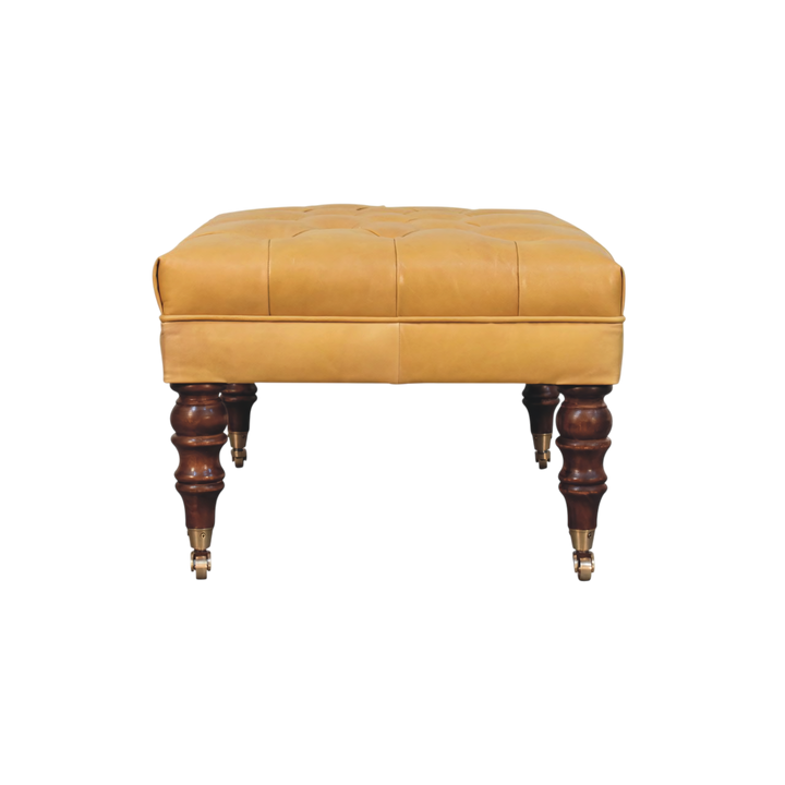 Sussex Leather Ottoman in Blonde Saddle, side view showing the depth.