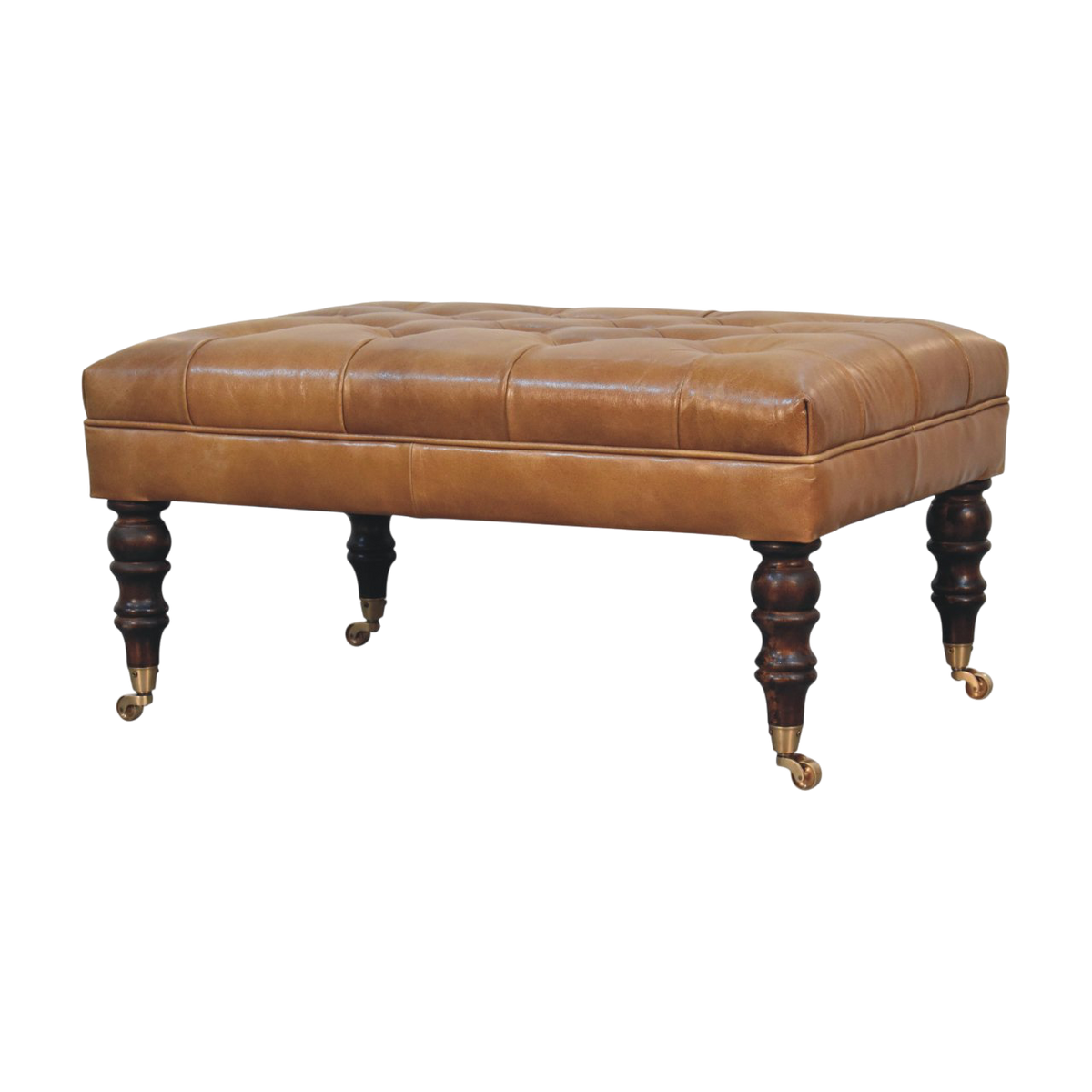 Sussex Leather Ottoman in Burnt Caramel, three-quarter view showing the full profile.