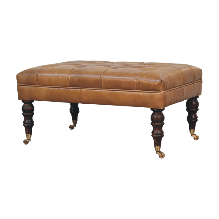 Sussex Leather Ottoman in Burnt Caramel, three-quarter view showing the full profile.