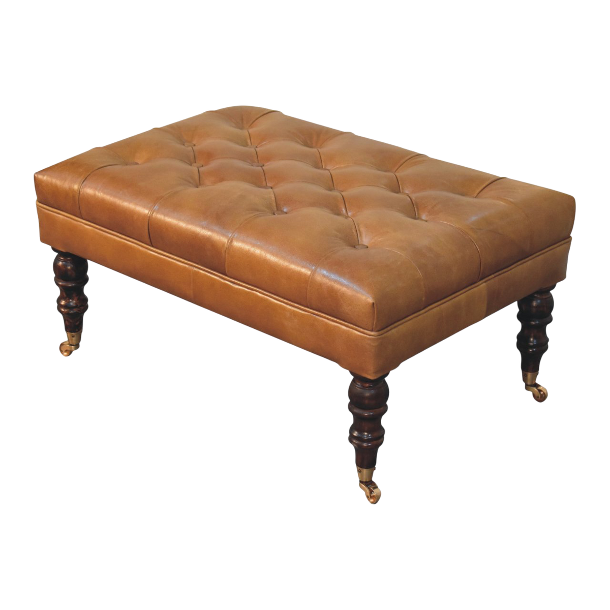 Sussex Leather Ottoman in Burnt Caramel, raised three-quarter view showing the top surface.