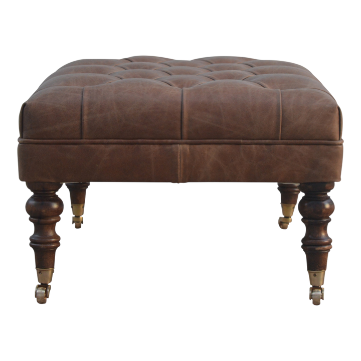Sussex Leather Ottoman in Cocoa, side view showing the depth.