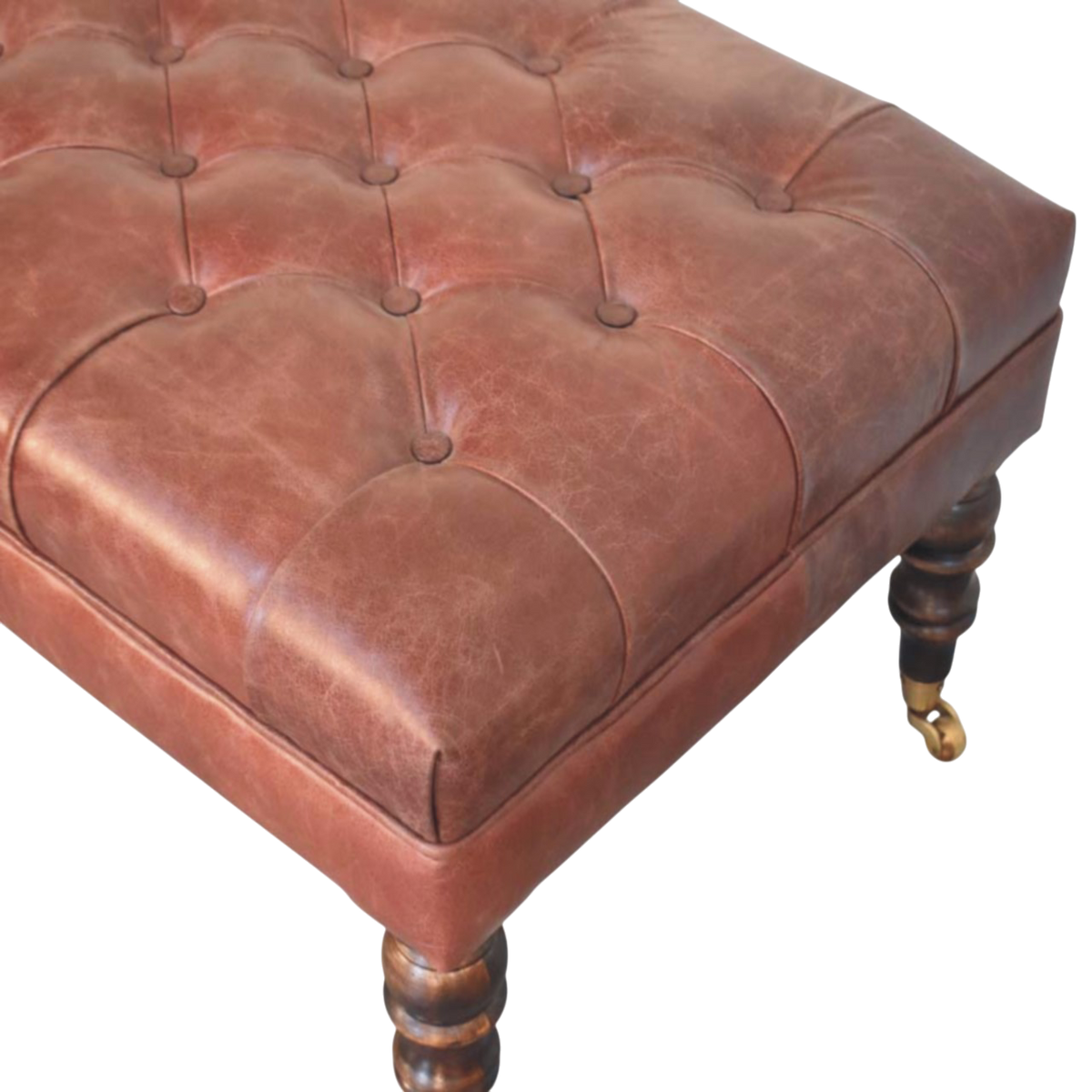 Close view of the button tufting and upholstery on the Sussex Leather Ottoman in Cognac.