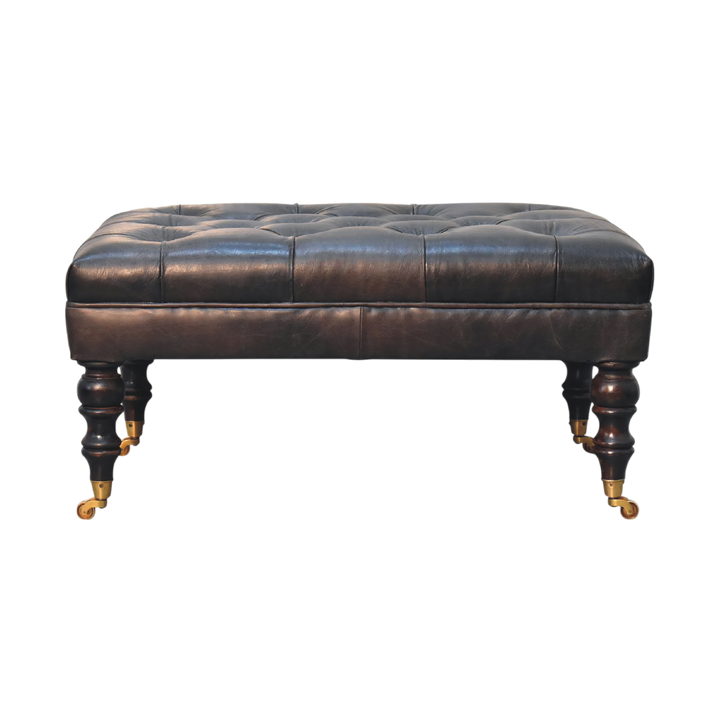 Sussex Leather Ottoman in Espresso, front view. Espresso leather over a solid hardwood frame, deep-buttoned top.