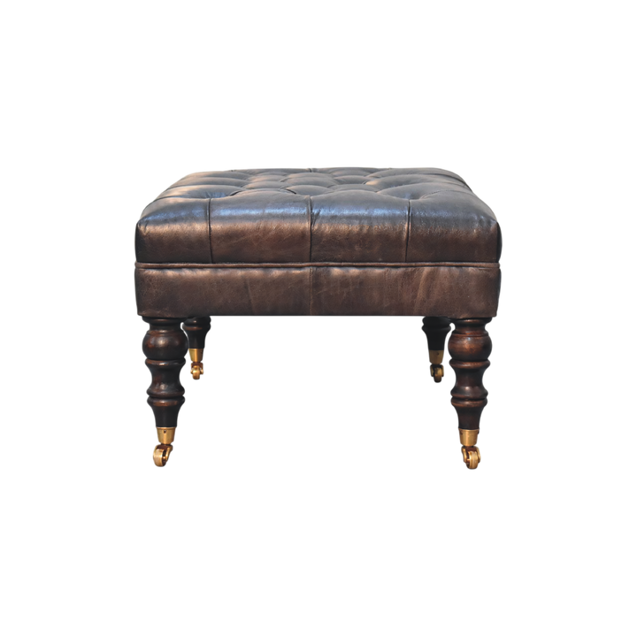 Sussex Leather Ottoman in Espresso, side view showing the depth.