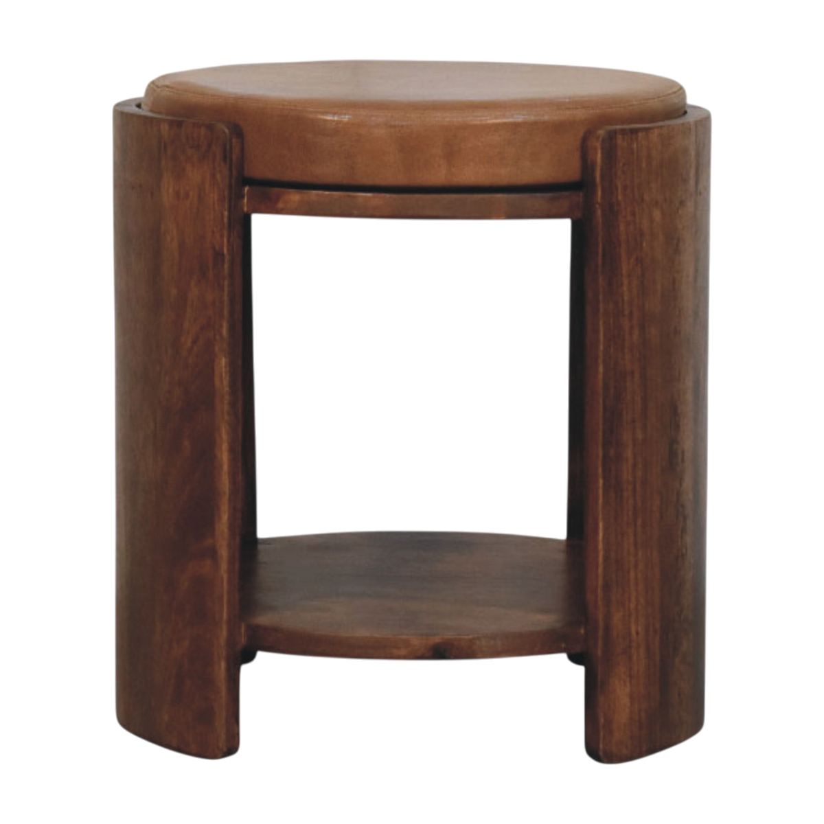 Sussex Leather Stool in Chestnut, front view. Hand-upholstered leather seat over a 100% solid hardwood body in a warm chestnut finish, open lower shelf.