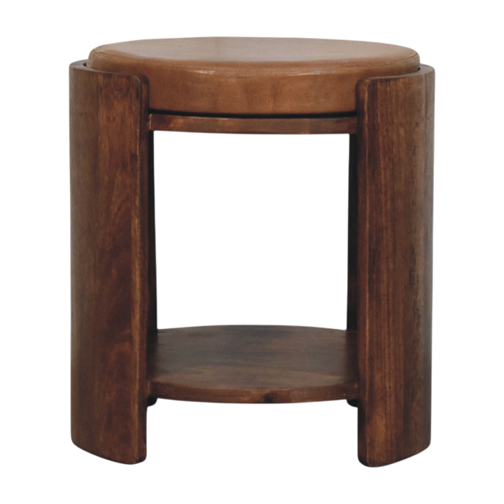 Sussex Leather Stool in Chestnut, front view. Hand-upholstered leather seat over a 100% solid hardwood body in a warm chestnut finish, open lower shelf.