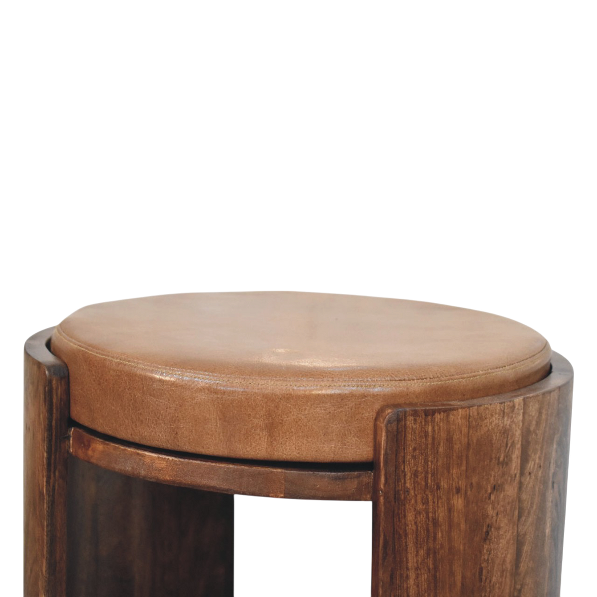 Sussex Leather Stool in Chestnut, shown from above.