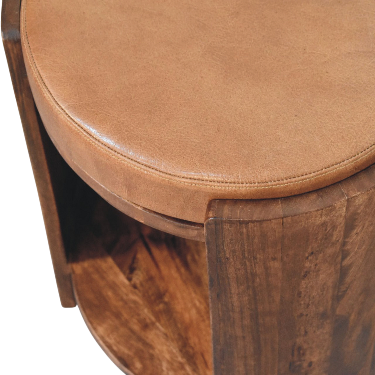 Close view of the seat on the Sussex Leather Stool in Chestnut.