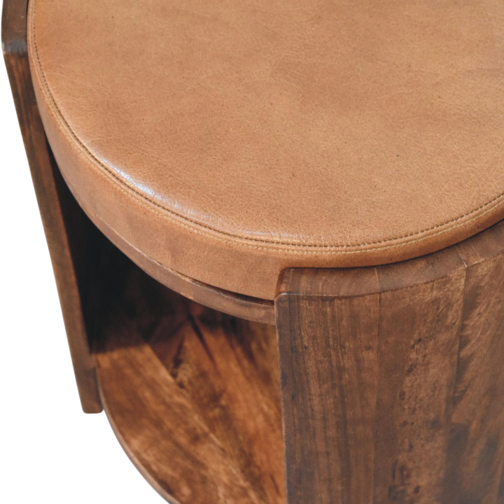 Close view of the seat on the Sussex Leather Stool in Chestnut.
