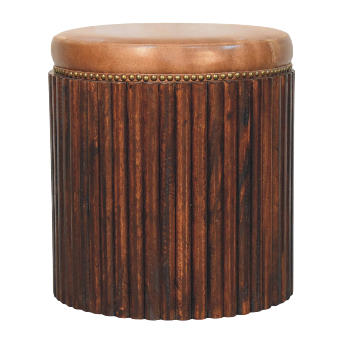 Sussex Ribbed Leather Stool in Tobacco, front view. Tobacco leather top on a fluted solid hardwood base, antique brass stud edging.