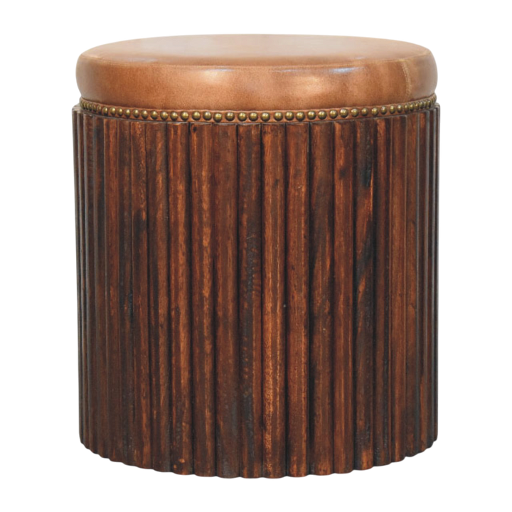 Sussex Ribbed Leather Stool in Tobacco, front view. Tobacco leather top on a fluted solid hardwood base, antique brass stud edging.