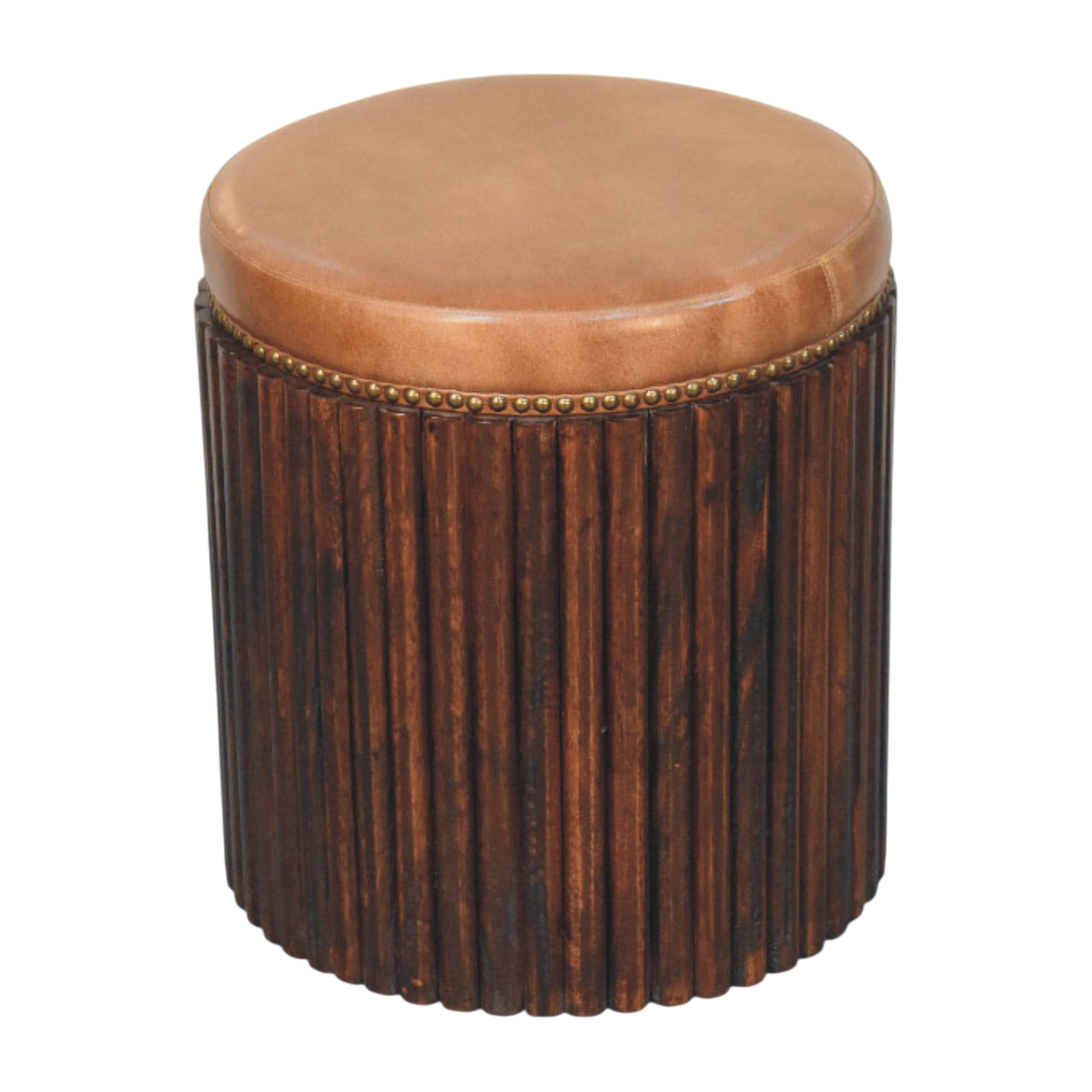 Sussex Ribbed Leather Stool in Tobacco, three-quarter view showing the full profile.