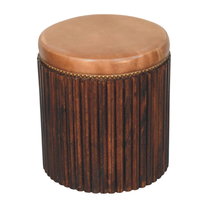 Sussex Ribbed Leather Stool in Tobacco, three-quarter view showing the full profile.